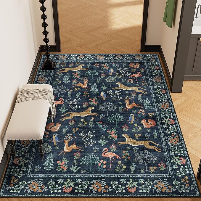 DUKINO 4x6 Area Rug, Non Slip Animal Washable Living Room Rug, Navy Blue | Soft, Low Pile, Stain Resistant Indoor Carpet for Bedroom, Dining Room, Nursery, Farmhouse, Pet Friendly, Non-Shedding