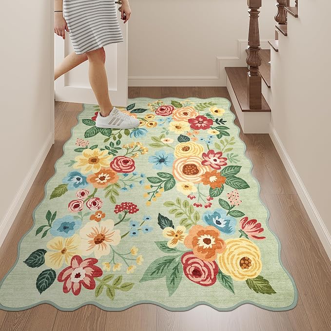 DUKINO 3x4 Rug, Non Slip Floral Washable Area Rug for Entryway, Green | Soft, Low Pile, Non-Shedding Indoor Throw Rugs for Kitchen, Hallway, Bedroom, Bathroom, Laundry, Pet Friendly, Home Decor