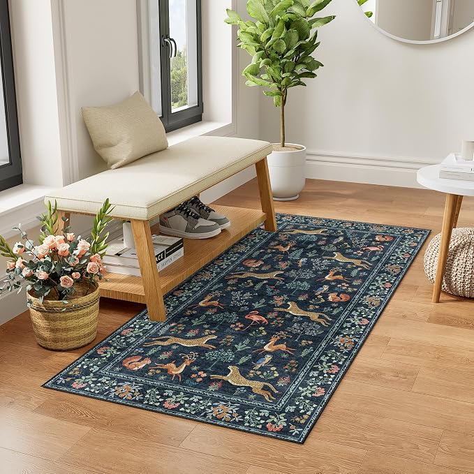 DUKINO 2x4 Rug for Entryway, Animal Washable Rug for Kitchen, Navy Blue | Non Slip, Low Pile, Stain Resistant Indoor Runner Rug for Hallway, Bedroom, Bathroom, Laundry, Pet Friendly, Non-Shedding