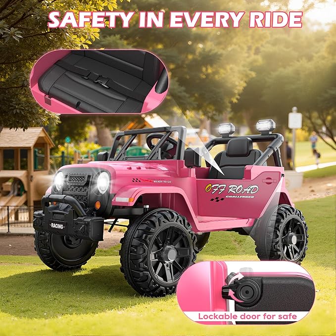ARBELI 12V Ride On Truck Car with Remote Control, Kids Electric Vehicles with Bluetooth Music, Horn, 3 Speeds, 4 LED Lights, Soft Start, Ride on Toys for Toddler Boys & Girls (Pink)