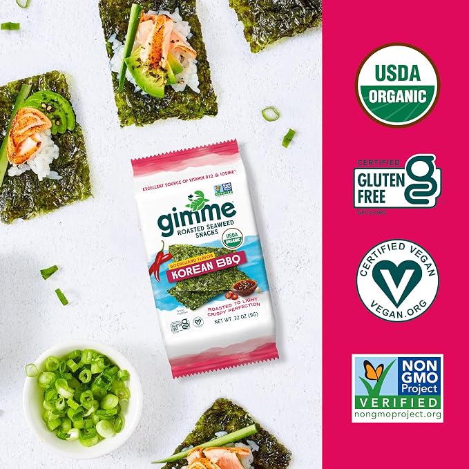 Gimme Seaweed Organic Premium Roasted Seaweed Snacks,Korean BBQ,Keto,Vegan,Gluten-Free,Great Source of Omega3s and Iodine,Healthy On-The-Go Snack for Kids and Adults,6 Count (Pack of 2)
