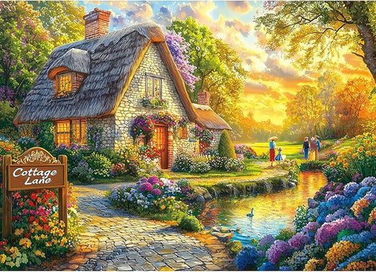 Fairy Tale Cottage 1000 Piece Jigsaw Puzzle for Adults - Scenic House Garden with Sunset & Colorful Flowers Landscape Challenging Puzzle Games Fun Family Activity （27.6" x 19.7"）