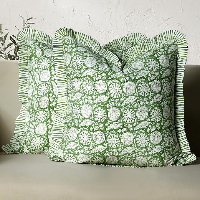 CPC Olive Bloom Hand Block Print 100% Cotton Ruffle Throw Pillow Cover 24x24 inch with Hidden Zipper Decorative for Couch, Bed, Sofa, Farmhouse, Cottagecore Decor Gift Christmas Fall Thanksgiving