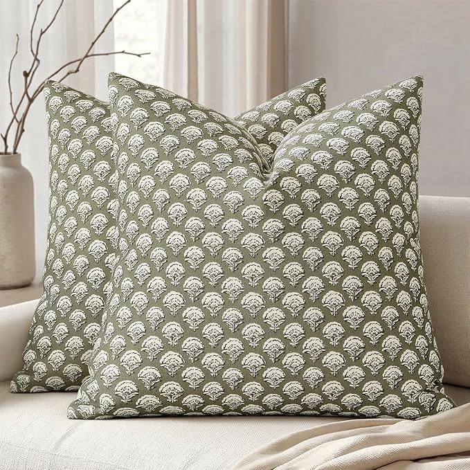 MIULEE Floral Print Decorative Pillow Covers 18x18, Sage Green | Vintage Boho Farmhouse Modern Home Decor, Set of 2, Block Print Cushion Covers for Couch Sofa Bed Living Room