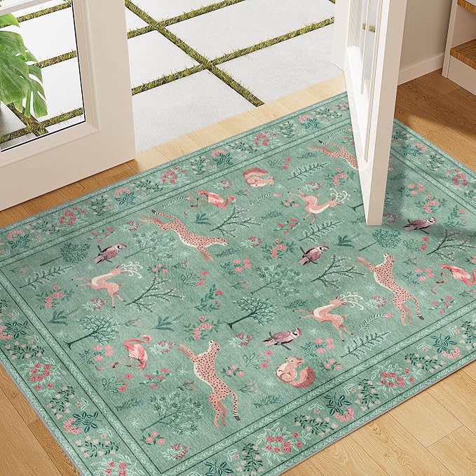 DUKINO 2x3 Entryway Rug, Washable Door Mat Animal Rug for Kitchen, Teal | Non Slip, Low Pile, Soft Indoor Small Rug for Entrance, Bedroom, Bathroom, Laundry, Pet Friendly, Lightweight, Non-Shedding