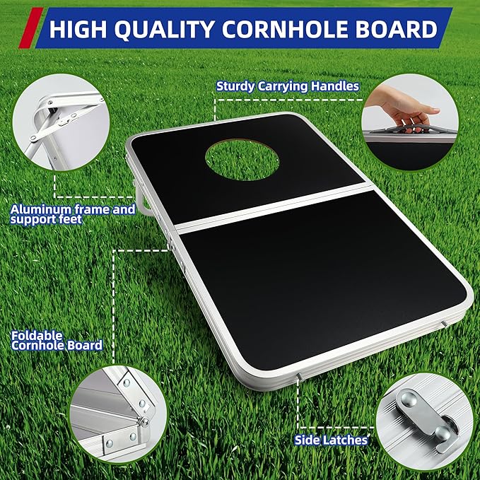 Portable Cornhole Board Set with Aluminum Alloy Edging,2x1.3ft Foldable Corn Hole Games for Adults and Family with 8 Bean Bags for Outdoor Backyard Travel Tailgate Camping