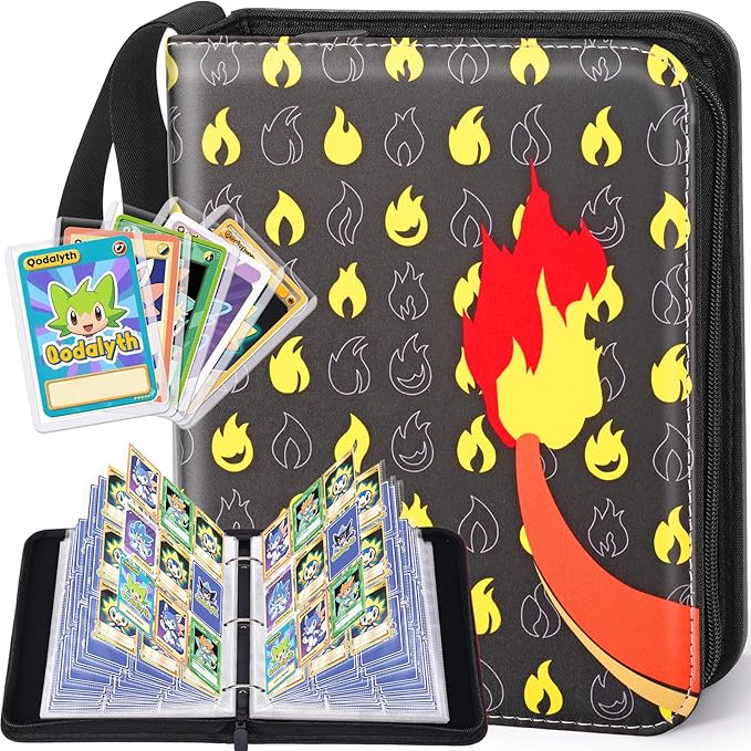 Card Binder – 9 Pocket Zipper Collection Album, Premium PU Holder, Double-Sided Display for 900 Cards, Includes 5 Hard Plastic Sleeves for Game Cards, Sports Cards(Fire)