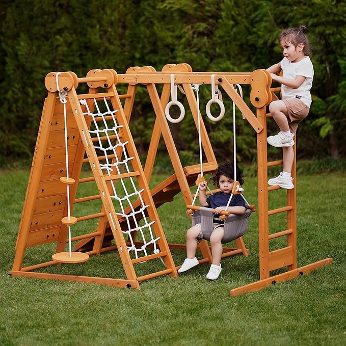 Avenlur 8-in-1 Small Indoor/Outdoor Playset – Foldable Wooden Kids Play Set for Backyard – Kid Playground for Toddlers Age 2–6 with Slide, Monkey Bars, 2 Ladders, 2 Swings, Rock Climbing, Gym Rings