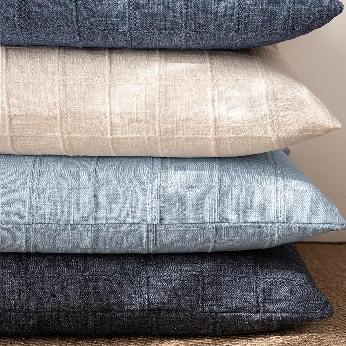 Foindtower Set of 2 Decorative Linen Check Throw Pillow Covers Neutral Farmhouse Vintage Cushion Covers Modern Boho Accent Home Decor for Sofa Chair Couch Bedroom Living Room,26×26 Inch,Sky Blue