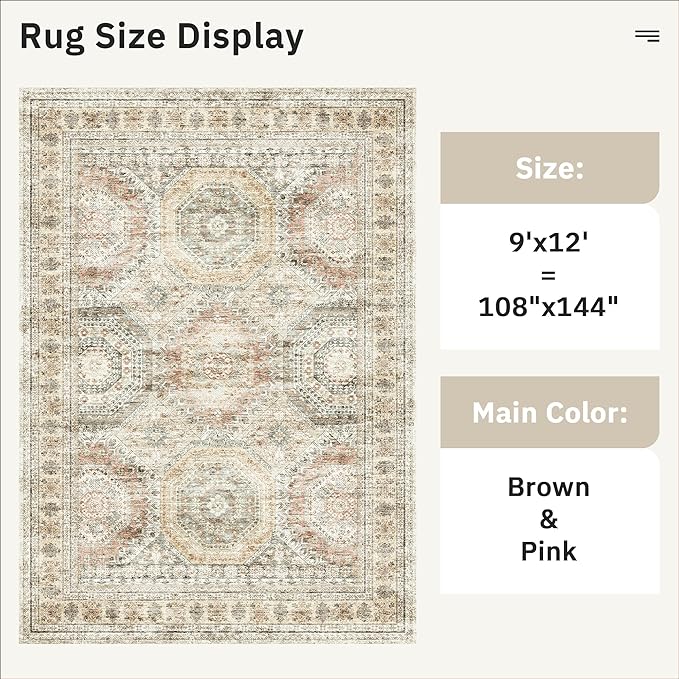 Soalmost 9x12 Area Rugs for Living Room Washable Rug Non-Slip Brown/Pink | Large Vintage Stain Resistant Carpet for Dining Bedroom, Low Pile Lightweight Foldable Floor Mat Nursery Home Office Decor