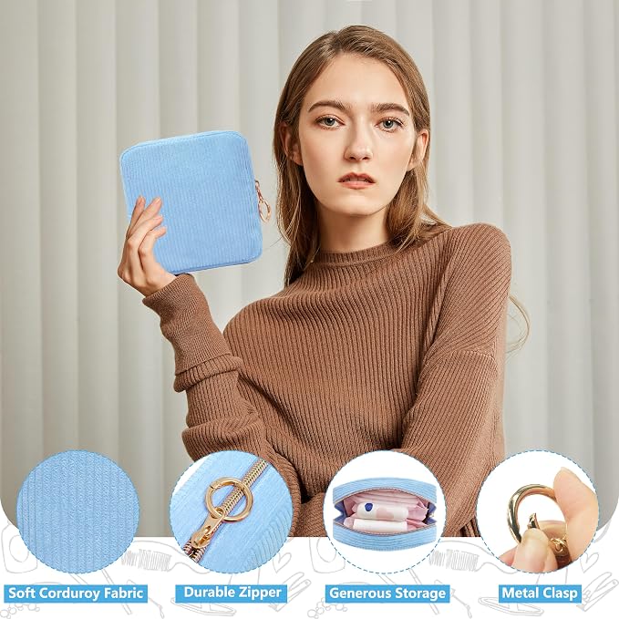 Period Bag for Girls, Corduroy Period Kit with Sanitary Pad Pouch, Menstrual Storage Bag and Tampon Holder for Purse, Girls School Essentials,Feminine Care Organizer(Bule)