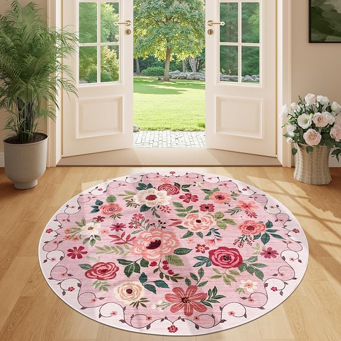 DUKINO 4ft Round Rug, Floral Washable Small Round Area Rug Non Slip, Pink | Soft, Low Pile, Stain Resistant Indoor Circle Rug for Bedroom, Kitchen, Kids Room, Living Room, Pet Friendly, Home Decor