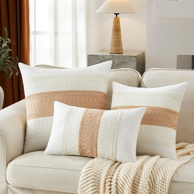 2pk Boho Pillow Covers 18x18, Natural White/Contrast/Beige | 100% Organic Cotton Body, Stripe Embroidery, Farmhouse Decorative Cushion Covers for Sofa Bed Living Room Home Decor