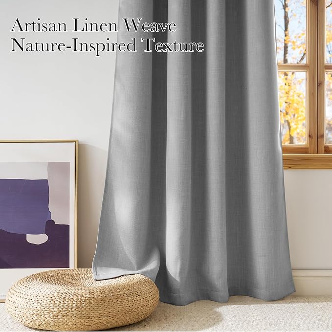 NICETOWN Light Grey Faux Linen Room Darkening Rod Pocket Curtains 63 inch Length, W42 x L63, Light Blocking Thermal Insulated Noise Reducing Drapes for Bedroom Living Room Farmhouse Decor, 2 Panels
