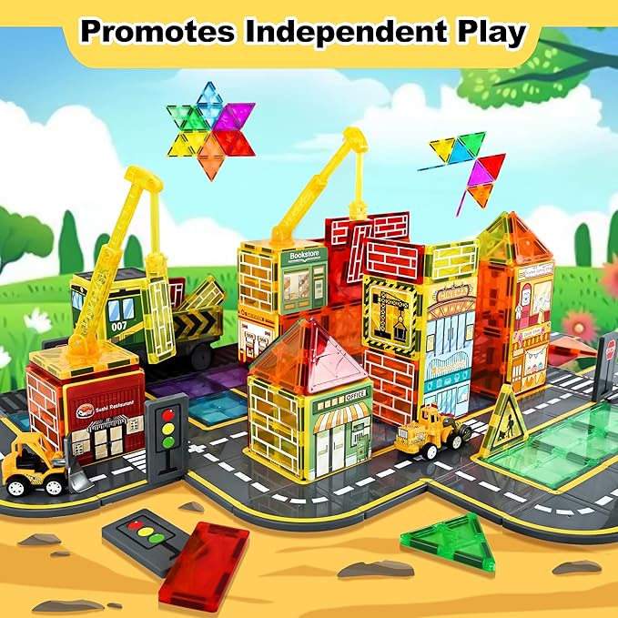 60pc Magnetic Tiles Road Set with 2 Cranes, Creative Construction Toys for Kids Ages 3-12, Boys & Girls, Dentist & Engineering Themed Building Blocks