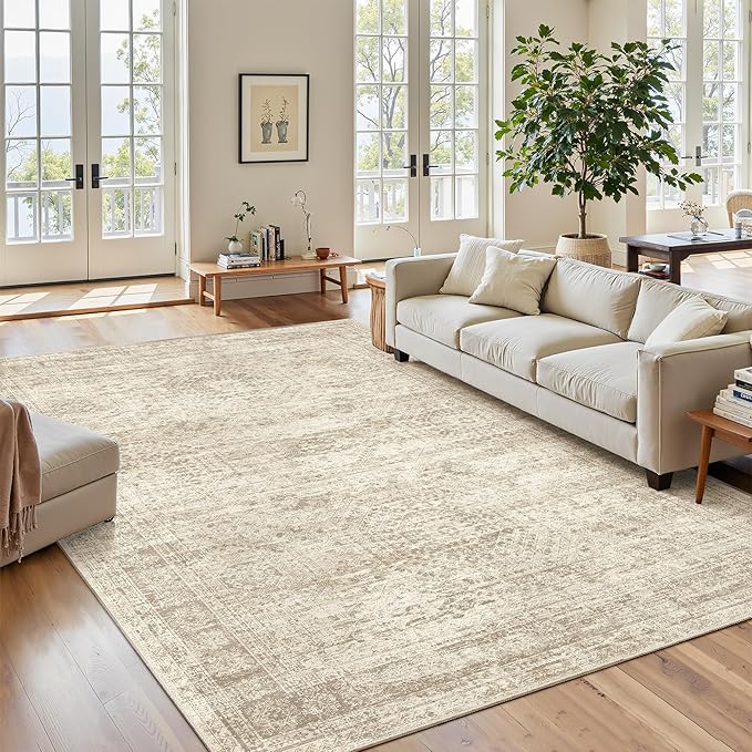 Soalmost 6x9 Area Rug for Living Room Washable Rugs Non-Slip Beige | Low-Pile Vintage Carpet for Dining Bedroom, Foldable Thin Stain Resistant Floor Mat Under Table Home Office Nursery Decor