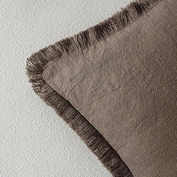 MIULEE Boho Linen Fringe Decorative Fall Throw Pillow Covers Coffee 20x20 | Set of 2, Cottagecore Decor, Boho Farmhouse Neutral Pillow Covers, Rustic Fall Couch Cushion Cases for Sofa Bed Living Room