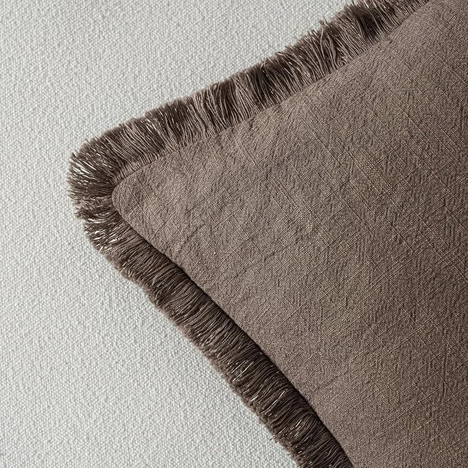 MIULEE Boho Linen Fringe Decorative Fall Throw Pillow Covers Coffee 18x18 | Set of 2, Cottagecore Decor, Boho Farmhouse Neutral Pillow Covers, Rustic Fall Couch Cushion Cases for Sofa Bed Living Room
