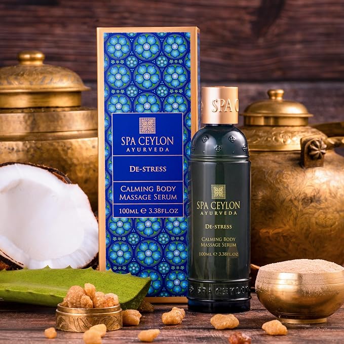 Spa Ceylon De-Stress Calming Body Massage Serum – Natural Ayurveda Body Oil with Frankincense, Sandalwood, Tangerine & Kaffir Lime – Heat-Activated Massage & Leave-On Body Serum – 100ml