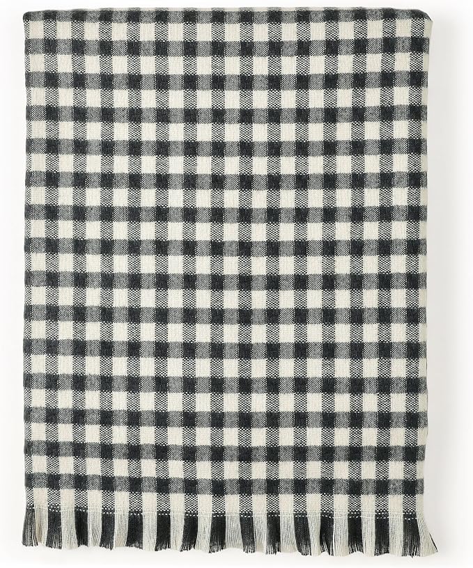 CREVENT Farmhouse Boho Knitted Throw Blanket for Couch Sofa Chair Bed Home Decoration, Soft Warm Cozy Light Weight for Spring Summer Fall (50''X60'' Plaid Black)