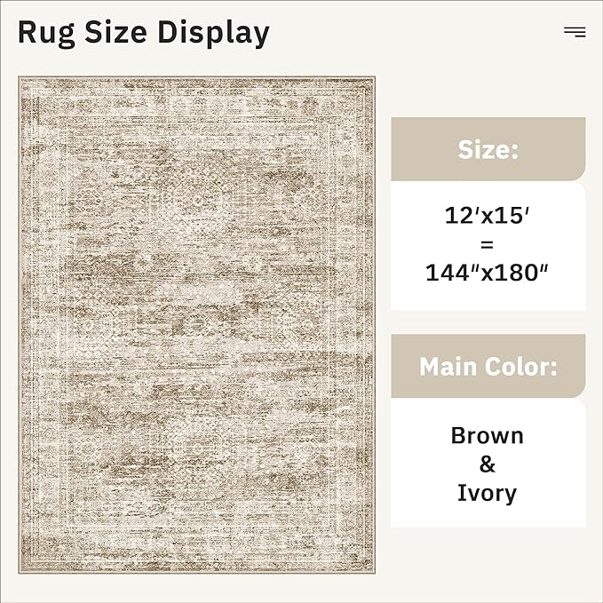 Soalmost 12x15 Washable Area Rugs Soft Living Room Rug Abstract Brown | Large Vintage Carpet Non-Slip for Dining Bedroom, Low Pile Thin Stain Resistant Foldable Indoor Floor Mat Home Office Decor