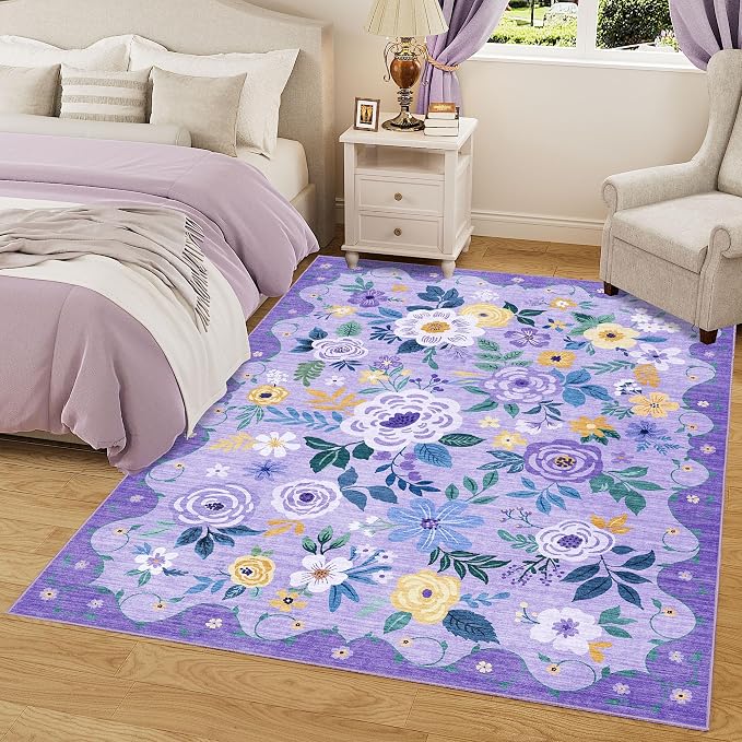 DUKINO 6x9 Area Rugs, Floral Washable Rug for Bedroom Non Slip, Purple | Soft, Low Pile, Large Indoor Rug for Living Room, Dining Room, Kids Room, Office, Pet Friendly, Home Decor, Stain Resistant