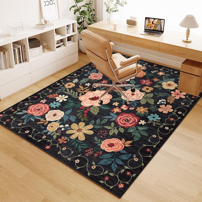 DUKINO 4x5 Area Rug for Entryway, Soft Floral Washable Rug Non Slip, Black | Low Pile, Non-Shedding Indoor Carpet for Bedroom, Kitchen, Living Room, Nursery, Pet Friendly, Stain Resistant, Home Decor
