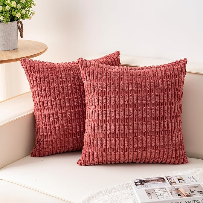 Pack of 2 Corduroy Decorative Throw Pillow Covers 22x22 Inch, Cranberry Red | Fall Soft Striped Pillow Covers Modern Farmhouse Home Decor Christmas Throw Pillow Covers for Sofa Living Room Couch Bed
