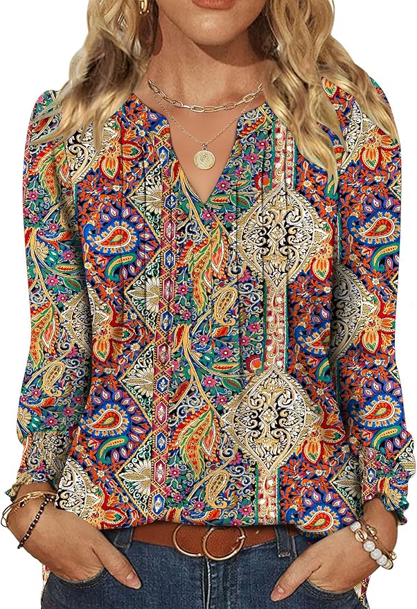LOMON Womens Tops Dressy Casual Pleated Ruffle Long Sleeve Tunics Tops to Wear with Leggings V Neck Work Blouse