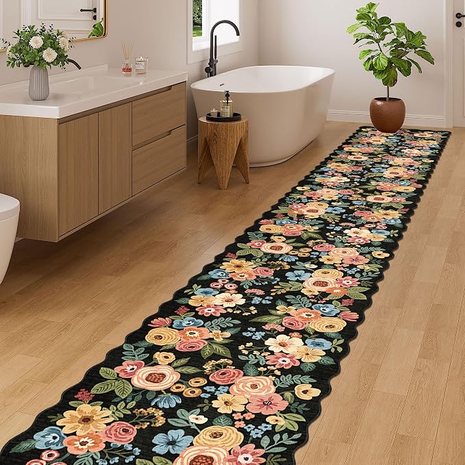 DUKINO 2x8 Washable Runner Rug, Floral Non Slip Kitchen Runner Rug, Black | Low Pile, Soft, Floral Throw Rug Runner for Hallway, Entryway, Bedroom, Bathroom, Pet Friendly, Stain Resistant, Home Decor