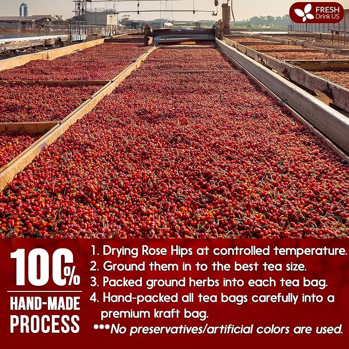 FreshDrinkUS, Premium 30 Rosehip Tea Bags, 100% Natural & Pure from Rose Hip Fruits. Loose Rosehip Herbal Tea. Made with Natural Material Tea Bags. No Sugar, No Caffeine, No Gluten, Vegan.