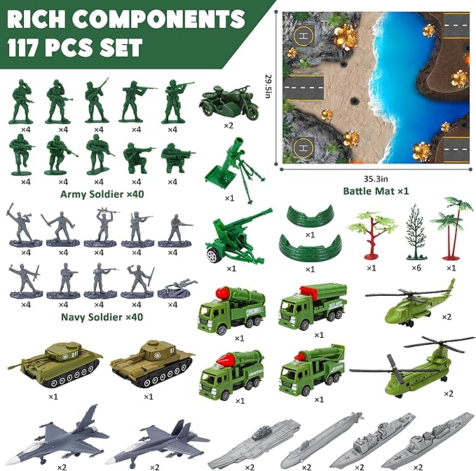 Army Men Playset – 117 Pcs Military Toy Soldiers Set with Action Figures, Battle Mat, Tanks, Helicopter, Submarine & Weapon Gear – Army Toys for Boys Ages 4-12, Great Gift for Kids