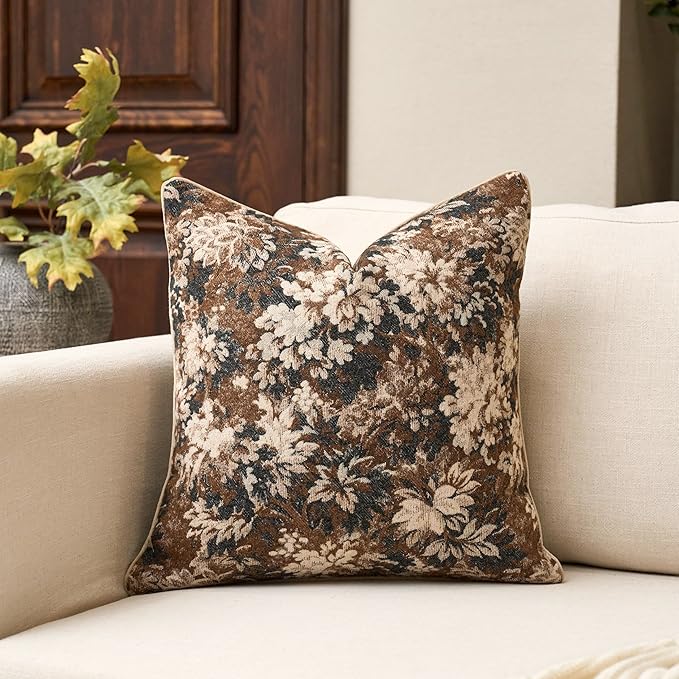 Neutral Floral Pillow Cover 18 x18 Inches, Vintage Chenille Square Throw Pillow Cover Soft Decorative Farmhouse Accent Couch Pillow Cover for Living Room Bedroom, Coffee Brown