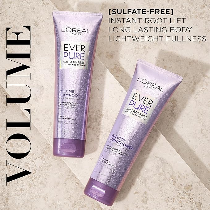 L'Oreal Paris Volume Sulfate Free Shampoo and Conditioner for Color-Treated Hair, EverPure, 8.5 Fl Oz (Set of 2)