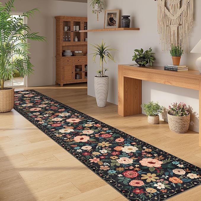 DUKINO 2x12 Washable Runner Rug, Non Slip Long Kitchen Runner Rug, Black | Floral, Low Pile, Soft Indoor Rug Runner for Hallway, Entryway, Bedroom, Bathroom, Laundry, Pet Friendly, Modern Home Decor