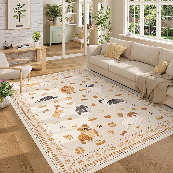 DUKINO 5x7 Area Rugs, Washable Dog Rug for Kids Room Non Slip, Beige Yellow | Low Pile, Stain Resistant, Soft Animal Carpet for Living Room Bedroom Dining Room Farmhouse, Kid & Pet Friendly, Non Shedding