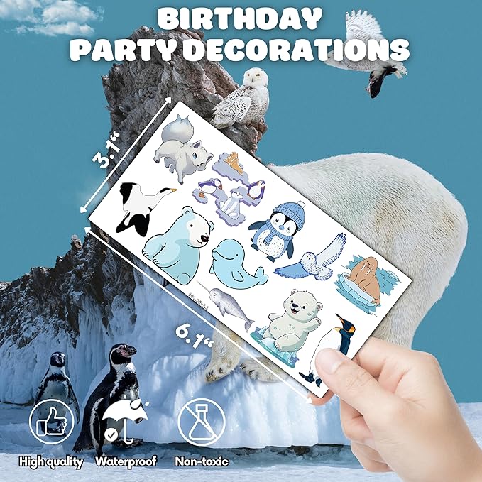 100 PCS Funny Polar Animal Temporary Birthday Blue Party Supplies Favors Seal Owl Cute Fake School Reward Themed Christmas