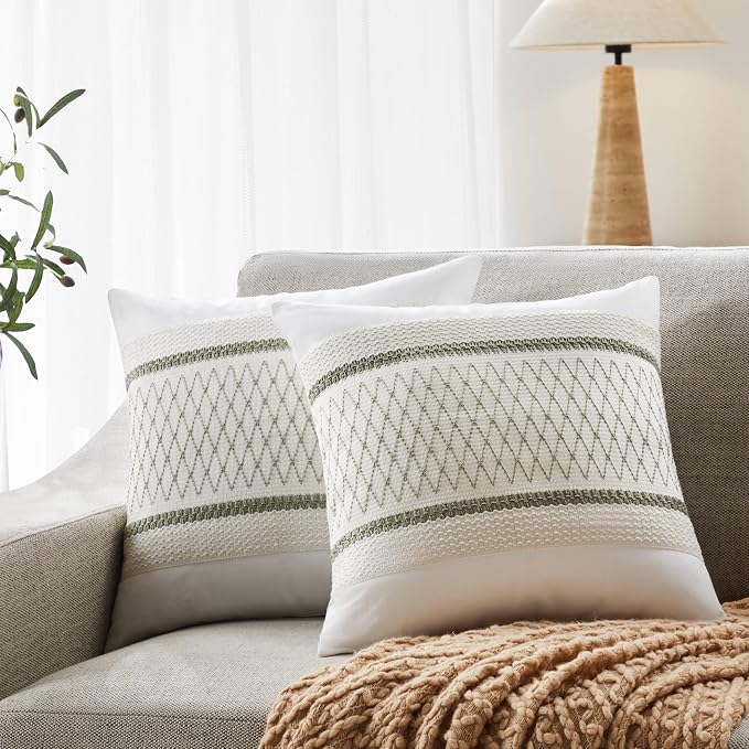 2pk Boho Pillow Covers 16x16, Natural White/Grid/Green | 100% Organic Cotton Body, Stripe Embroidery, Farmhouse Decorative Cushion Covers for Sofa Bed Living Room Home Decor