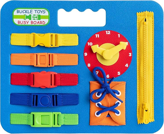 Buckle Toys Busy Board - Montessori Learning Toy for Toddlers Kids Road Trip Activies - Foam Sensory Board - Develop Fine Motor Skills - Blue