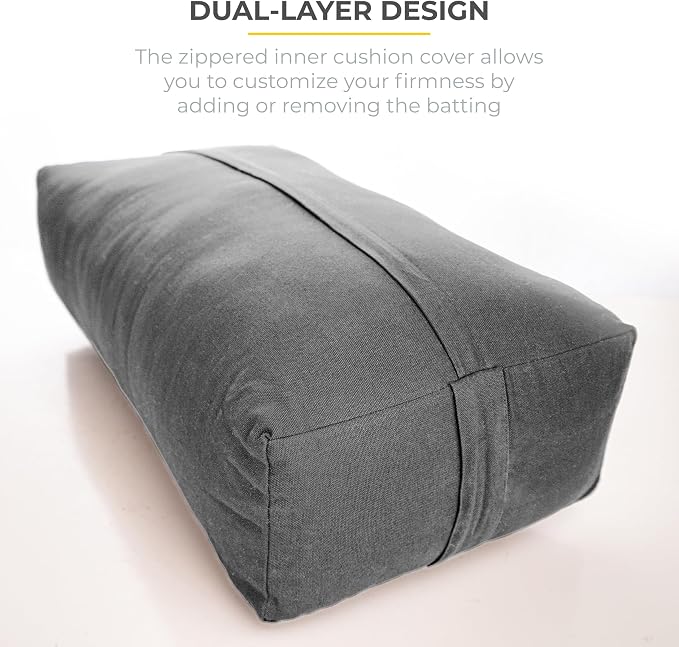 Extra Firm Large Yoga Bolster, 24" x 12" x 6" Cinched OR Zippered Yoga Pillow, Rectangular Cotton Cushion With Removable Cover for Studios, 1 Pack or 2 Pack