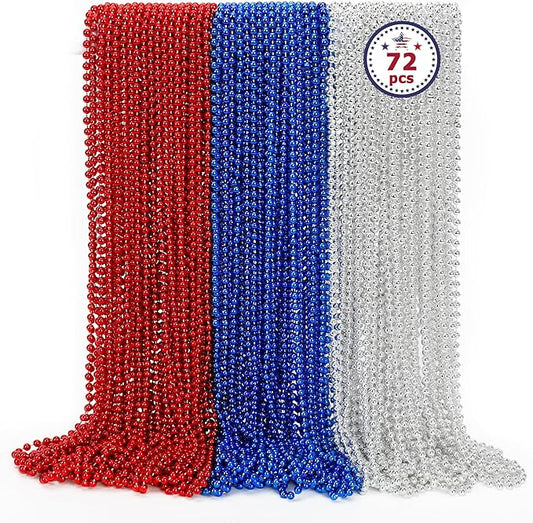 4th of July Necklace Accessories, 72PCS Independence Day Beads Necklace Bulk, Round Fourth of July Red Blue Silver Beads Party Favors, Bead Bulk for Patriotic Parade Party Celebration