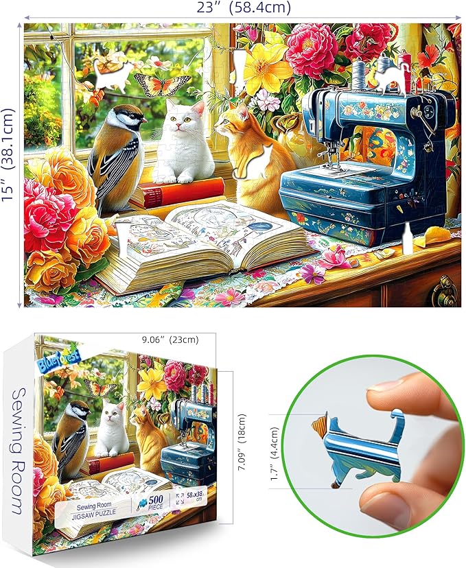 Blueforest 500 Piece Puzzle for Adults, Cozy Sewing Room Jigsaw Puzzle - Cats, Birds & Vintage Sewing Machine, 23x15 Inch Unique Shaped Pieces Art Puzzle, Hard Difficult Challenging Fun Puzzles