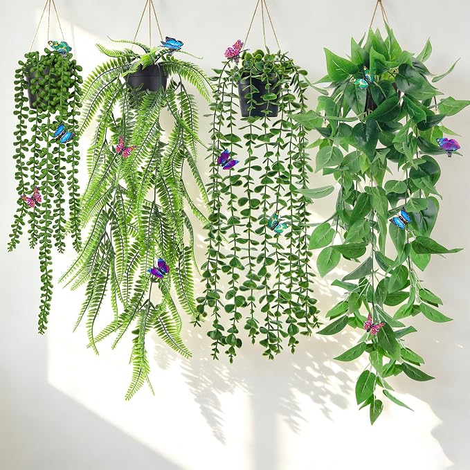 Der Rose 4 Pcs Fake Hanging Plants with Butterflies for Shelf Wall Decor | Artificial Eucalyptus Ivy Vines Faux Potted Hanging Plants Indoor for Bathroom Kitchen Office Wall Shelf Outdoor Decor