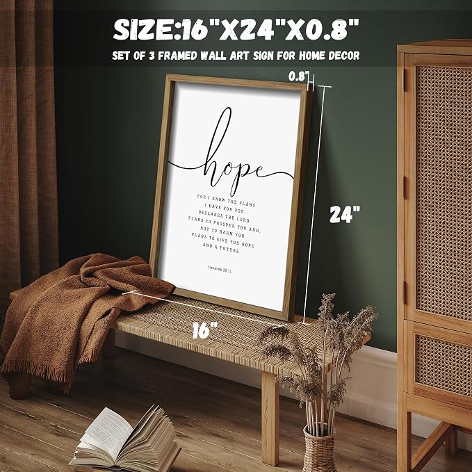 Houmury 3PCS Framed Faith Hope Love Bible Verses Wall Art Farmhouse Religious Quotes Wall Decor Inspirational Wall Art (Brown, 16"x24")