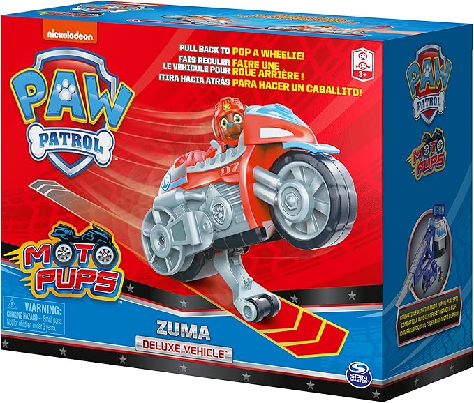 Paw Patrol, Moto Pups Zuma’s Deluxe Pull Back Motorcycle Vehicle with Wheelie Feature and Toy Figure
