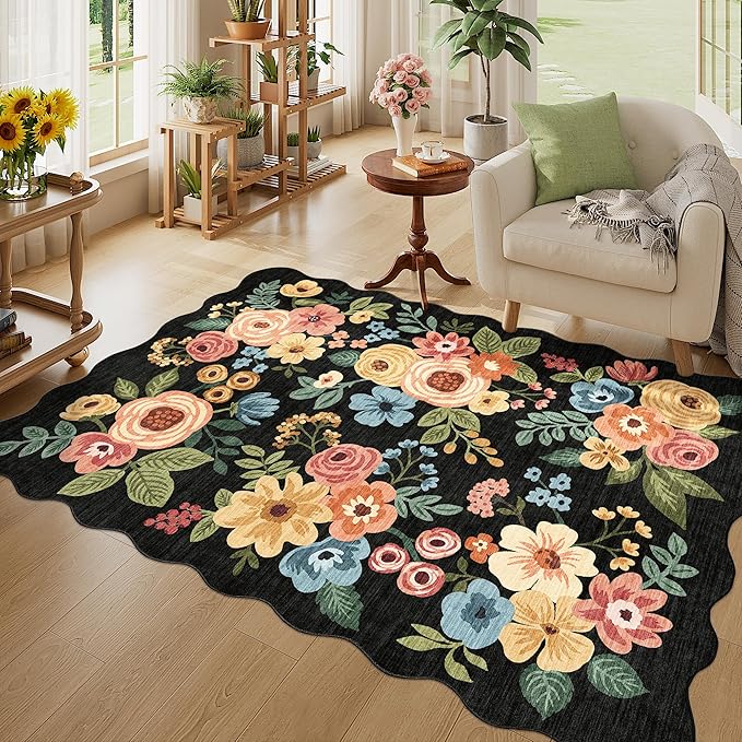 DUKINO 4x6 Area Rug, Non Slip Floral Washable Rug for Living Room, Black | Low Pile, Stain Resistant, Soft Throw Rugs for Bedroom, Office, Dining Room, Nursery, Pet Friendly, Home Decor, Lightweight