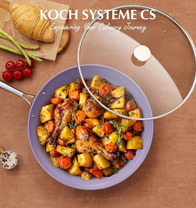 KOCH SYSTEME CS 14 Inch Frying Pan with Lid, Large Skillet with Lid, Extra Large Fry Pan for Family & Commercial Use, Oven Safe, 14 Inch Skillet Lids, Induction Compatible, Purple