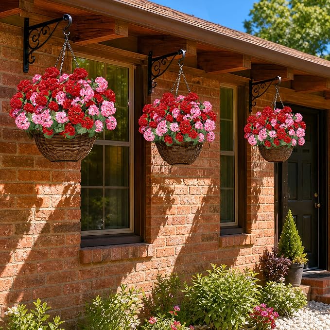 Artificial Geraniums Fake Flowers for Outdoors Decoration, 6 Bundles Silk Geraniums Flower UV Resistant Look Real Faux Plants for Front Door Garden Porch Planter Patio Balcony Yard Indoor Home, Mix