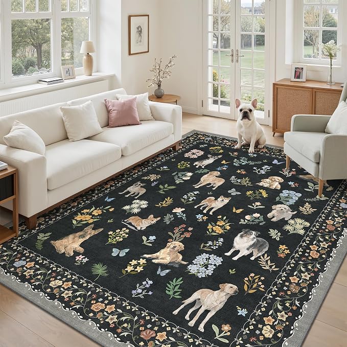 Soalmost Dog 6x9 Area Rugs for Living Room, Washable Animal Soft Rug Black | Floral Vintage Non-Slip Low Pile Cute Throw Rugs for Living Room Kitchen Dining Room Bedroom Nursery Playroom 5' x 7'