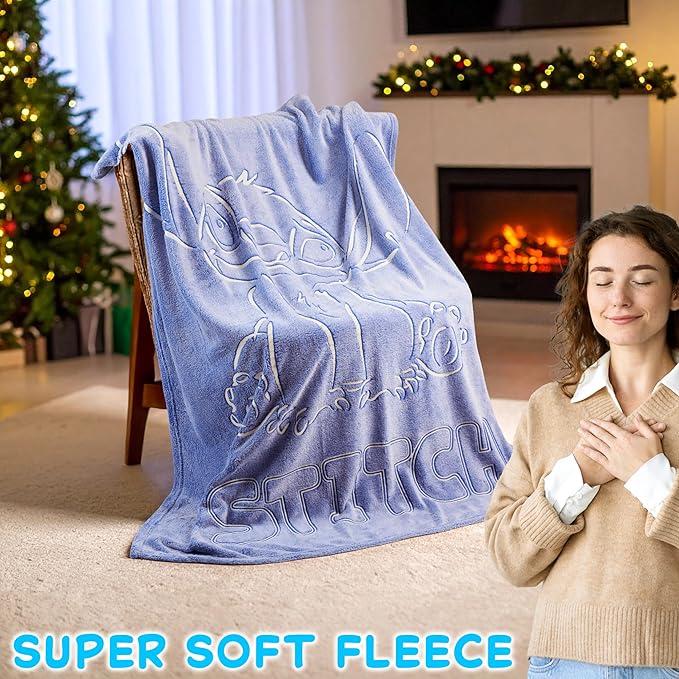 Disney Stitch Glow in The Dark Throw Blanket 51x59”, Soft Fleece Throw Blanket for Sofa Bed, Cozy Warm, Gifts for Kids, Teens, Adults (Blue Stitch)
